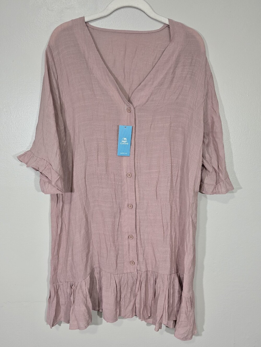 NWT Cupshe Dusty Pink Button-Front Ruffle Tunic Simwim Coverup Dress Size Med - Picture 2 of 6